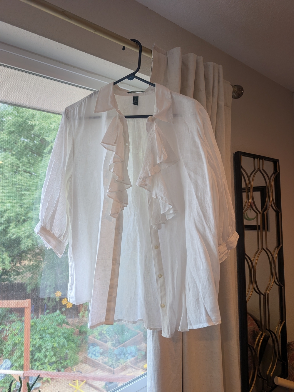 White Ruffle Front Linen Shirt